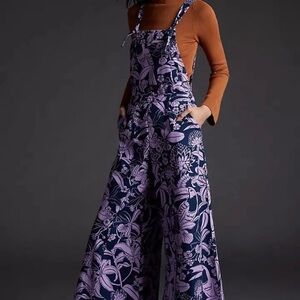 FARM Rio for Anthropologie Navy and Lavender Floral Jumpsuit